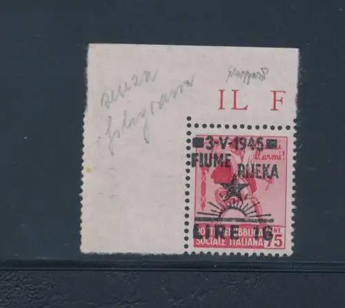 1945 Fluss, jugoslawische Besetzung, 16 Lire auf 75 Cent Karminrosa, filigran Caffaz-zertifiziert, postfrisch** Ecke Blatt