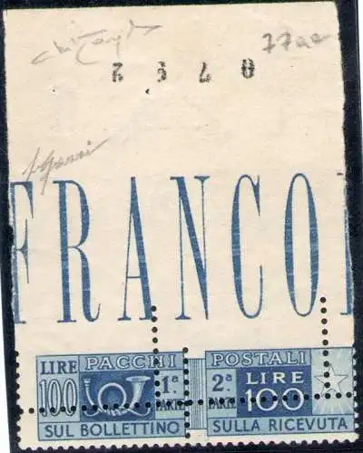 1946-1951 Italienische Republik, filigrane Postpakete Rad, 100 Lire blau, nicht oben gezahnt und doppelt gezahnt, Signatur Raybaudi für erweiterte, postfrisch **!!!