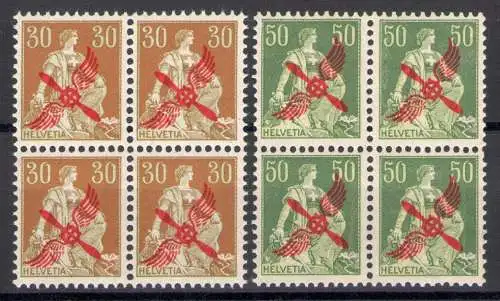 1919 Schweiz, Luftpost, Viererblöcke A1/A2, ORIGINAL- UND INTEGRIERTER GUMMI, perfekt - MNH** - Garantiezertifikat Philatelia De Simoni