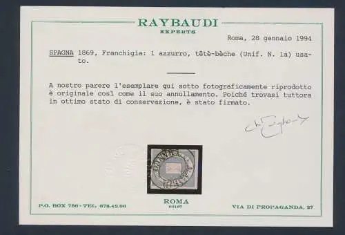 1869 SPANIEN, SPANIEN, Franchise Nr. 1 blau, gebraucht, Raybaudi-Zertifikat.