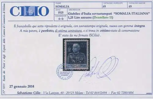 1925-26 SOMALIA - Nr. 67/69, Königsjubiläum, 3 Werte, gezackt 11, Cilio-Zertifikat + Unterschriften auf der Rückseite - postfrisch**