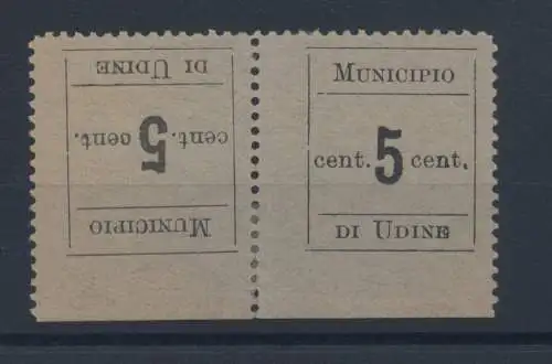 1918 Rathaus Udine, 5 Cent schwarz auf blaugrünem Papier, Tete-Beche - waagerecht -MLH** signiert / signiert Alberto Diena