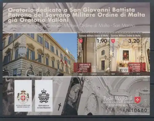 2013 Smom - Oratorium San Giovanni Battista Gemeinsame Ausgabe mit San Marino - Gemeinsames Blatt mit BF 128, MNH**
