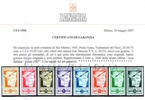 1943 SAN MARINO, Luftpost, Ventennale dei Fasci Sammarinesi - Nicht ausgestellt, Nr. 26/33 - 8 Werte - Gute Sehr gute Zentrierung, mnh**
