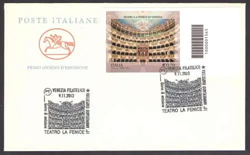 2013 Italienische Republik, Teatro Phönice - Ungezahnt - Nicht gestanzt, Nr. 3496A, auf Umschlag Erster Tag Pferd mit Barcode!!!!