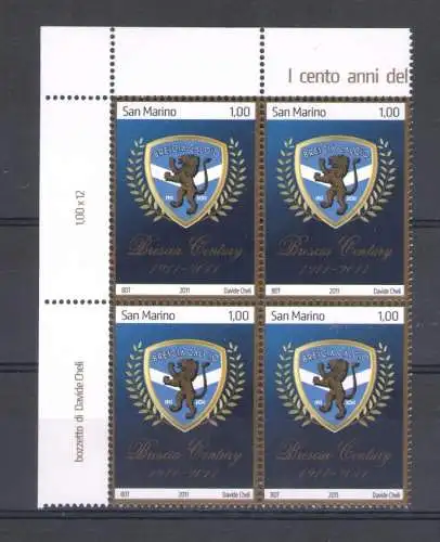 2011 San Marino, hundertjähriges Jubiläum der Gründung der Gesellschaft Brescia, Nr. 2329, vierte linke Blattecke, postfrisch**