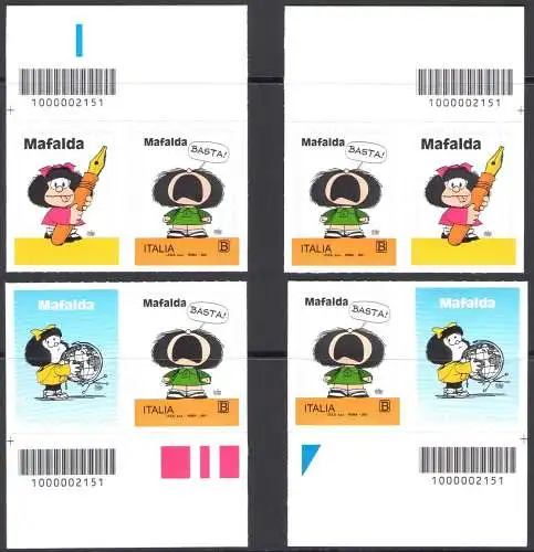 2021 Italienische Republik, Mafalda, Briefmarke + Briefverschluss und zugehöriger Barcode , rechts und links des Blattes, oben und unten, postfrisch **