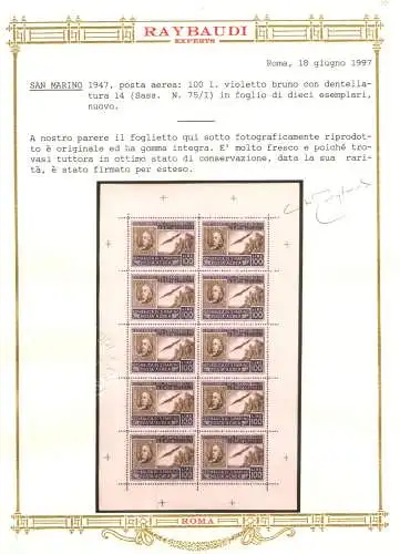 1947 SAN MARINO, amerikanisches Minifil, Nr. 15 - Signiert von Giulio Bolaffi und Garantiestempel - wunderschön ohne Falten - postfrisch ** Raybaudi Goldzertifikat