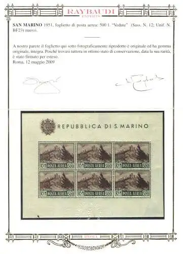 1951 SAN MARINO, Blatt mit Ansicht 500 Lire Bruno, Nr. 12 - Wunderschön ohne Falten - postfrisch ** Raybaudi-Goldzertifikat
