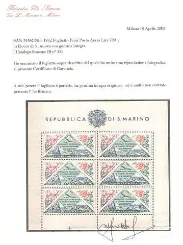 1952 SAN MARINO, Blatt Tag Philatelica San Marino Riccione Fiori, BF 14 - Ohne Falten - MNH** Zertifikat Philatelia De Simoni