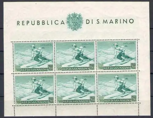 1953 SAN MARINO, Skiblatt, BF 15 - Ohne Falten - postfrisch ** Giulio Bolaffi zertifiziert