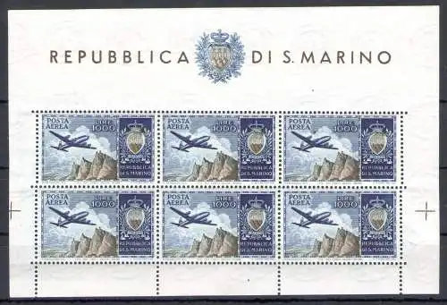 1954 SAN MARINO, Flugzeugblatt mit Sicht und Wappen, BF 16 - Ohne Falten - mnh** Zertifikat Philatelia De Simoni