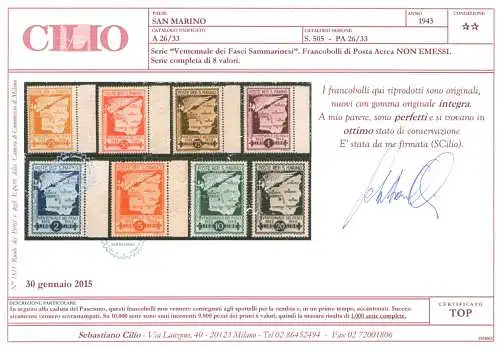 1943 SAN MARINO, Luftpost, Ventennale dei Fasci Sammarinesi - Nicht ausgestellt, Nr. 26/33 - 8 Werte - Hervorragende Zentrierung - Rechte Blattkante, postfrisch**