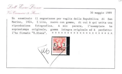 1924 SAN MARINO, Tasse e Vaglia, Nr. 1/6, normale Zentrierung, MNH** - Enzo Diena Zertifikat