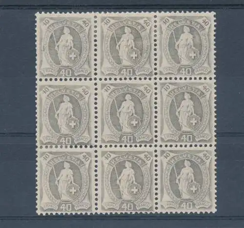 1907 SCHWEIZ - Schweiz zu Füßen - 40 Cent grau, gezackt 11 1⁄2 x 11, 9er Block mit Briefmarke ohne Stirnband, Ohne Diadem MNH**