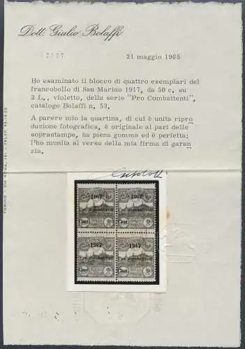 1917 San Marino, Pro Combattenti, Nr. 51/52, zertifiziertes historisches Viertel Giulio Bolaffi, postfrisch**
