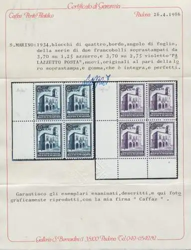 1934 San Marino, Palazzetto della Posta Suprastampati, Nr. 184/85, mnh** Blattrand und -winkel - Caffaz-Garantiezertifikat