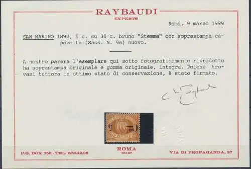 1892 SAN MARINO, Nr. 9a,5 Cent auf 30 Cent braun Wappen - Umgedrehter Aufdruck - Raybaudi Zertifikat - MNH**