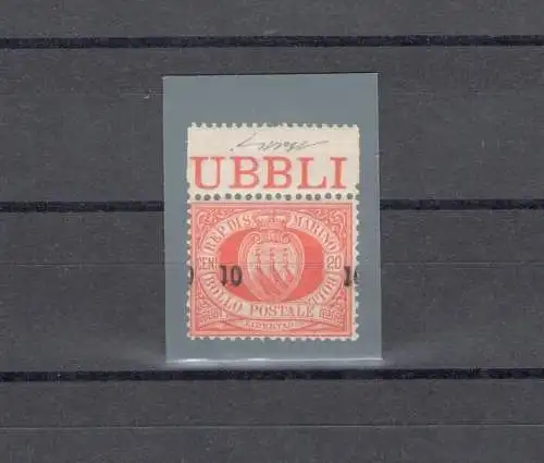 1892 SAN MARINO, Nr. 11h, 10 Cent auf 20 Cent rot - Stark senkrecht verschobener Druckaufsatz - Cilio Zertifikat - MNH**