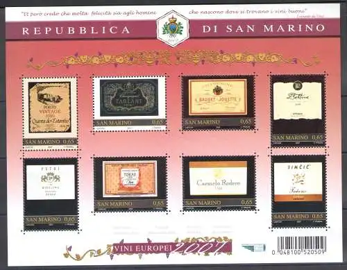 2007 San Marino, große europäische Weine, BF 93 - MNH**