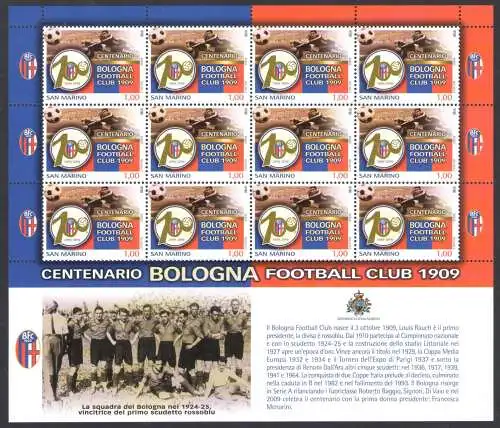 2009 San Marino, Centenario Fondazione Bologna Football Club Nr. 2247, Minifol von 12 Werten - postfrisch**