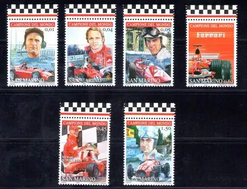 2005 San Marino, Hommage an Ferrari, Weltmeister mit Ferrari, Nr. 2025/2030, 6 Werte - postfrisch**