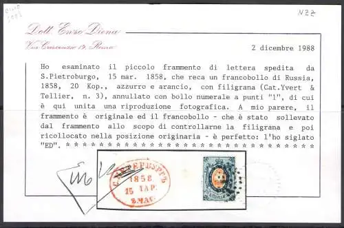 1858 RUSSLAND, Yvert und Tellier Katalog Nr. 3 - 20 Kopeken blau und orange - kleines gebrauchtes Brieffragment - Diena Zertifikat