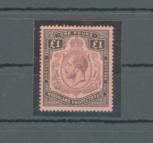 1913 Nyasaland-Protektorat - Stanley Gibbons Nr. 98 - £ 1 lila und schwarz - Papierrot - Multi Crown CA - MLH*