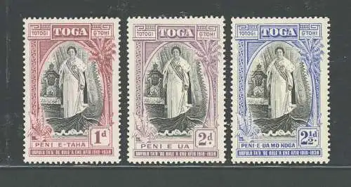 1938 TONGA - Stanley Gibbons Nr. 71/73 - 20 Jahre Queen Salote's, 3 Val, postfrisch**
