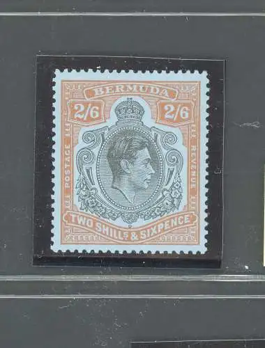 1938-53 BERMUDA, Stanley Gibbons Nr. 117c, GEORGE VI Porträt, 2s. 6d. schwarz und orange/grau blau - postfrisch** - dentelato 13