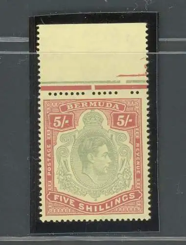 1938-53 BERMUDA, Stanley Gibbons Nr. 118a, GEORGE VI Porträt, 5 Scellini pal grün und rot/gelb Papier - postfrisch**