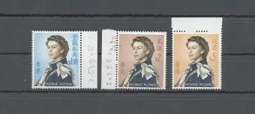 1962-73 HONGKONG, SG 206a-207a-208ab, Ohne die Farbe Gelb - Gelb weggelassen - Königin Elizabeth - 3 Werte - postfrisch **