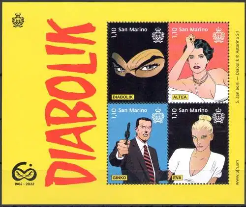 2022 San Marino, Diabolik, 60. Geburtstag, Blatt - postfrisch**