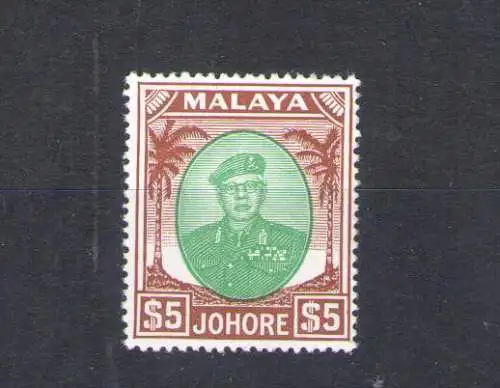 1949-55 Malaysische Staaten - Johore - Stanley Gibbons Nr. 147 - Sultan Sir Ibrahim - 5 $ - grün und braun - postfrisch **