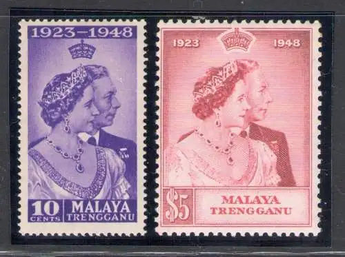 1948 Malaysian States, Trengganu - Stanley Gibbons Nr. 61-62, Royal Silver Wedding, 2er-Serie, postfrisch**