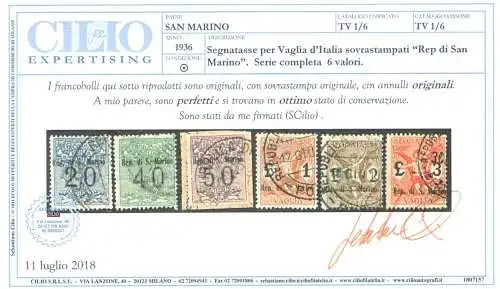 1924 SAN MARINO, Tasse e Vaglia, Nr. 1/6 - Gebraucht - Cilio Zertifikat