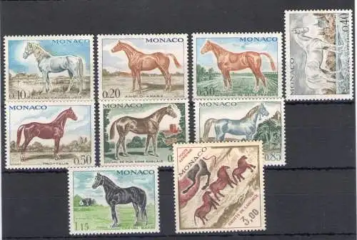 1970 MONACO, Pferde, Yvert Nr. 831-38 + A93 - 9 Werte, postfrisch**