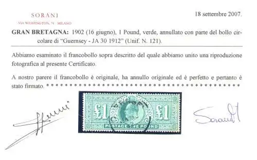 1902 GROSSBRITANNIEN - Stanley Gibbons Nr. 266 - 1 Pfund dull blau-grün - gebraucht - Sorani-Zertifikat
