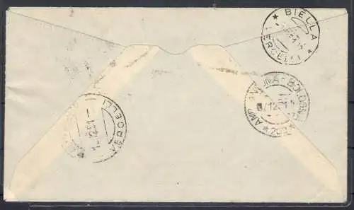 1951 SAN MARINO, Luftpost Nr. 99 -1.000 braune und himmlische Lire - Flagge und Ansicht auf dem Umschlag von San Marino Borgo a Veglio Mosso (Vc) vom 7. -12.1951