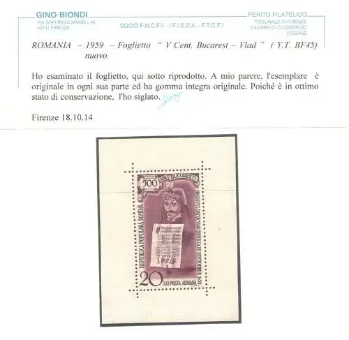1959 Rumänien, Yvert Nr. 45 - Broschüre V Centennial Bukarest - Vlad - MNH** - Blond Certificate