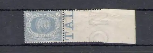 1894 San Marino, Sächsischer Katalog Nr. 31 - 1 Lira Übersee rechter Blattrand - postfrisch** - Helmut Havi Zertifikat