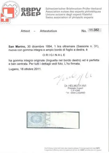 1894 San Marino, Sächsischer Katalog Nr. 31 - 1 Lira Übersee rechter Blattrand - postfrisch** - Helmut Havi Zertifikat