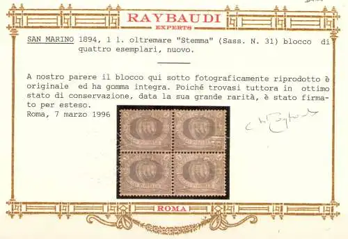 1894 San Marino, Sächsischer Katalog Nr. 31 - 1 Lira Übersee Viererblock - MNH** - Raybaudi Gold zertifiziert