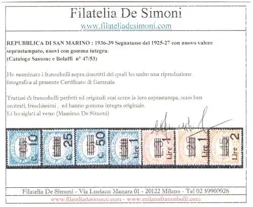 1936-39 San Marino, Segnatasse Nr. 47-53, komplette Serie 7 Werte, postfrisch** - Garantiezertifikat Philatelia De Simoni