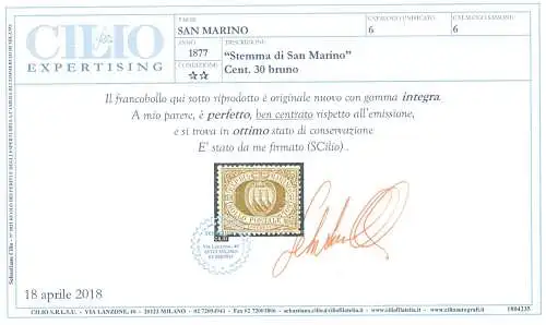 1877 San Marino, Sächsischer Katalog Nr. 6, 30 Cent braun - Diskrete Zentrierung - postfrisch** - Cilio-Zertifikat