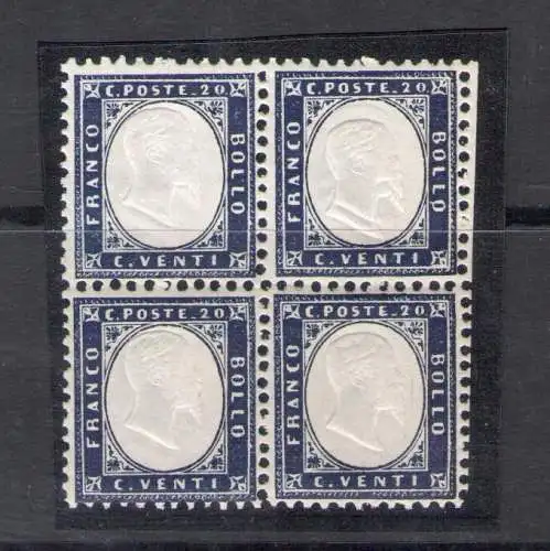 1862 Königreich Italien, Nr. 2 - 20 Cent Indigo, Viererblock dezente Mitte und Doppelbildnis auf 2 Briefmarken mit Blattrand rechts, postfrisch**