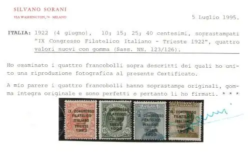 1922 Italien - Königreich, 9. Italienischer Philateliekongress - Triest - postfrisch** - Sorani-Zertifikat