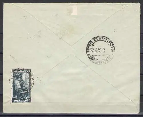1951 Republik, Ginnici auf Umschlag, empfohlen am 26.6.1951 Reise von Brescello nach Reggio Emilia - gebraucht - signiert Raybaudi