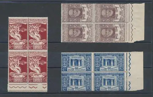 1922 Italien - Königreich, 50. Jahrestag des Todes von Giuseppe Mazzini Nr. 128/130, 3-Werte-Serie, Viererblock, MNH**