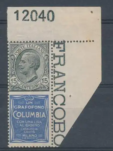 1924 Italien - Königreich, Werbung Nr. 2, 15 Cent Columbia grau Übersee - Tischnummer, postfrisch**